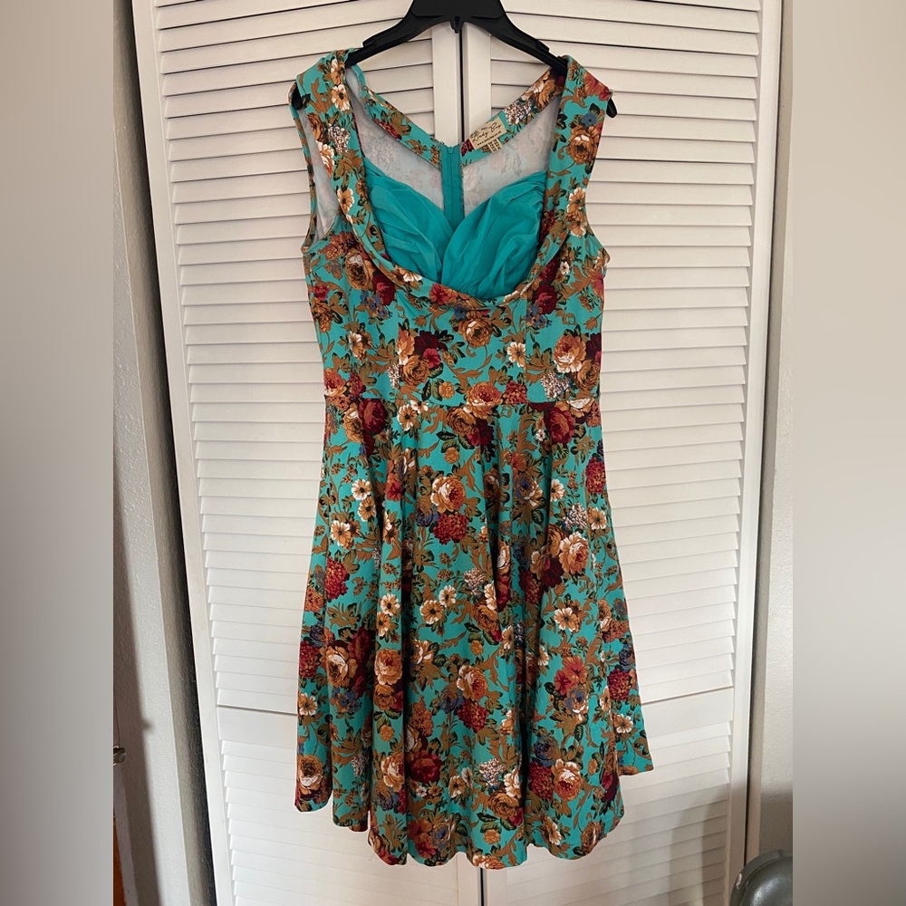 Lindy Bop Ophelia XL Pin-Up Style Dress, Turquoise Floral